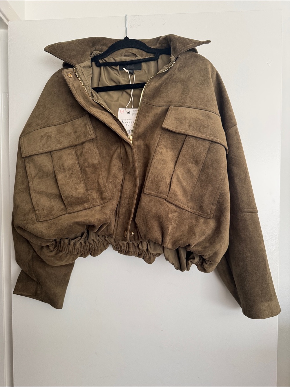 Zara Olive Brown Suede Crop Jacket with Elastic Hem and Removeable Hood